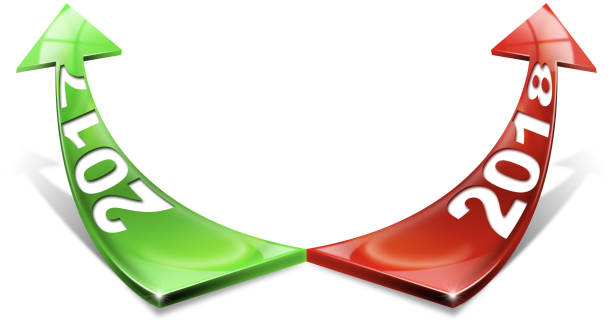 3D illustration - Red and green arrows with the year 2017 and 2018 tending upward. Isolated on white background