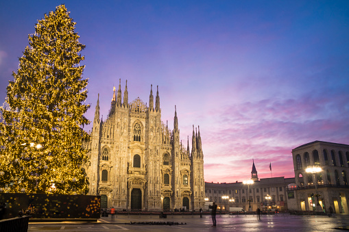 Milan, Italy: Duomo square in december with the christmas tree in front of Milan cathedral, night view.