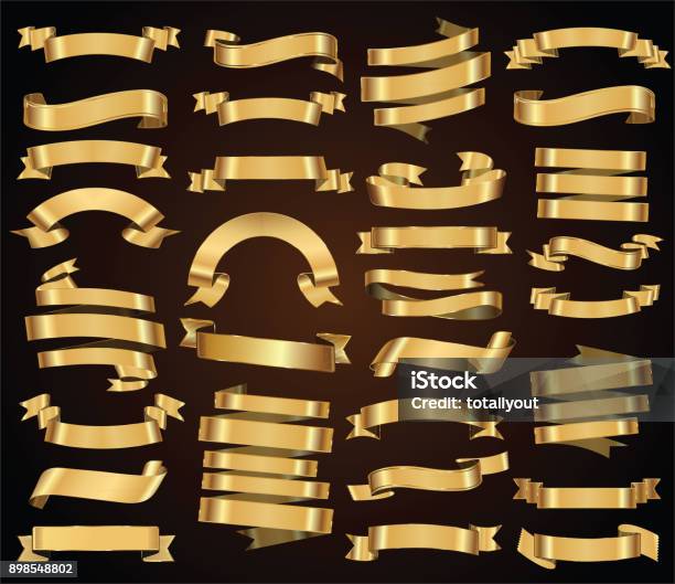 Retro Golden Ribbons And Labels Vector Collection Stock Illustration - Download Image Now - Gold - Metal, Award Ribbon, Web Banner