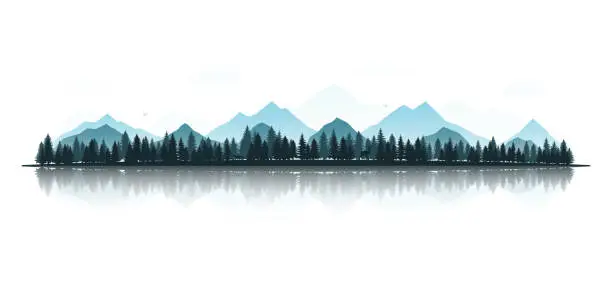 Vector illustration of Landscape with silhouettes of deer, fox, eagles, mountains and forests. Panoramic view with reflection. Vector illustration.