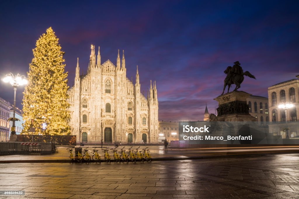 Milan, Italy: Duomo square in december Milan, Italy: Duomo square in december with the christmas tree in front of Milan cathedral, night view. A row of yellow sharing bicycles in the foreground. Cathedral Stock Photo