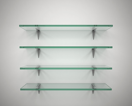Empty glass shelves 3d isolated illustration