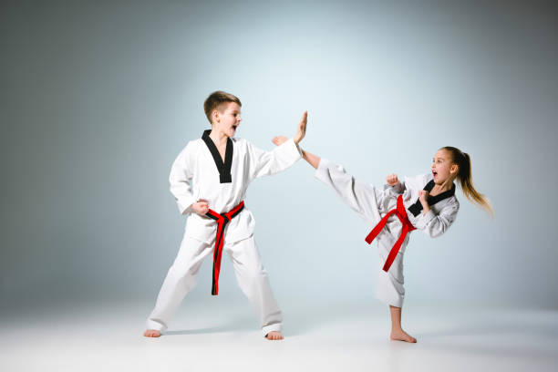 The studio shot of group of kids training karate martial arts The studio shot of group of kids training karate martial arts on gray backlground karate stock pictures, royalty-free photos & images