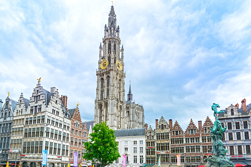 Cathedral, guildhouses and Grote Markt, main square of Antwerp, Belgium