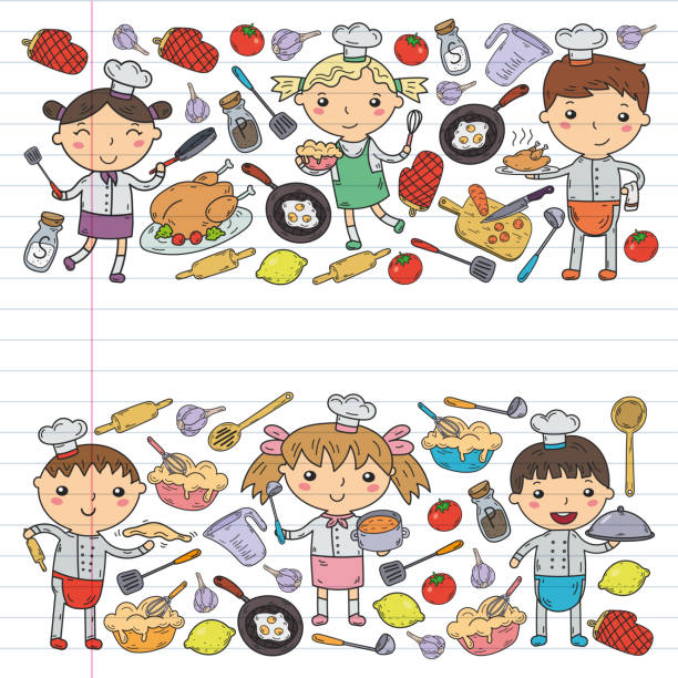 słodkie dzieci chef na białym tle dzieci gotowania kuchnia dzieci lekcje gotowania - eggs fried egg frying pan fried stock illustrations