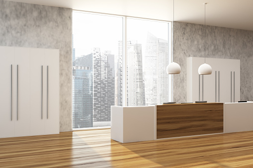 Loft office lobby corner with a white and wooden reception desk and a panoramic window. 3d rendering mock up