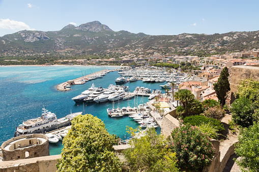 View from above on the marina in Calvi, Corsica, France