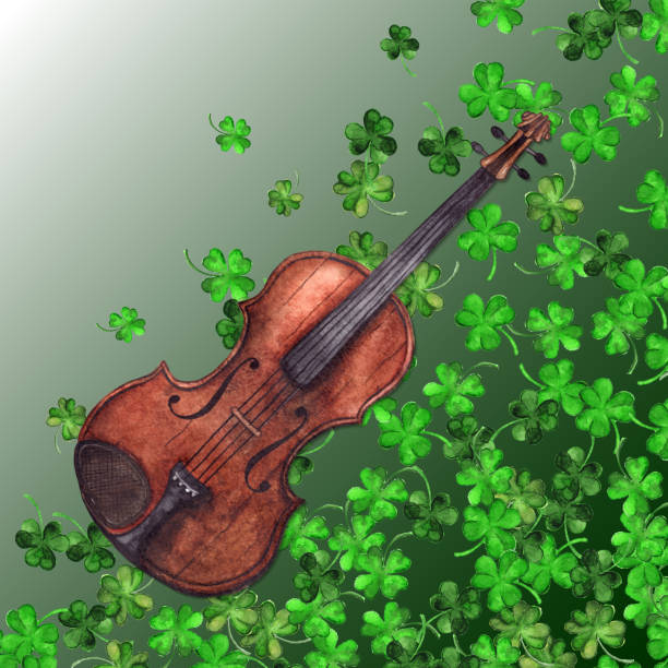 ilustraciones, imágenes clip art, dibujos animados e iconos de stock de violín vintage madera acuarela violín instrumento musical trébol trébol hoja planta de fondo - dublin ireland republic of ireland music violin