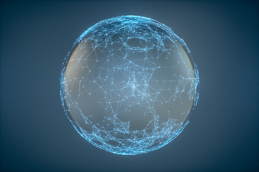Virtual planet Earth with particles and lines. Network connection big data. Abstract technology blue background. 3D rendering.