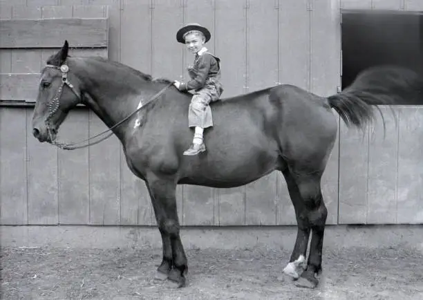 Photo of farm boy on draft horse 1931