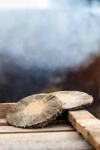 istock Wooden disk. Round log house. Blurred Background 898652272