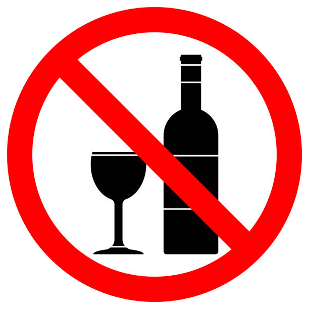알코올 흔적입니다. 와인 병 및 컵 아이콘에 빨간색 동그라미 밖으로 교차. 벡터 - restricted use stock illustrations