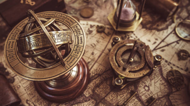 Vintage Photos Brass Armillary Zodiac Sign Globe fortune telling machine stock pictures, royalty-free photos & images