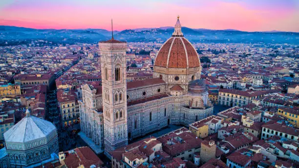 Florence, IT - Duomo - Aerial View at Sunset - December 2017