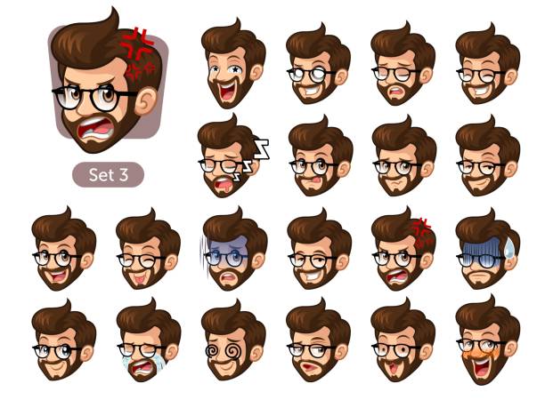 The third set of bearded hipster facial emotions with glasses The third set of bearded hipster facial emotions cartoon character design with glasses and different expressions, cry, sleep, pissed of, embarrassed, fear, triumph, confused, fear, etc. vector illustration. blush emoji stock illustrations