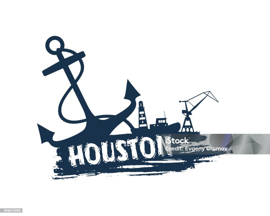 Commercial seaport abstraction Anchor, lighthouse, ship and crane icons on brush stroke. Calligraphy inscription. Houston cargo port name. Adventure stock vector