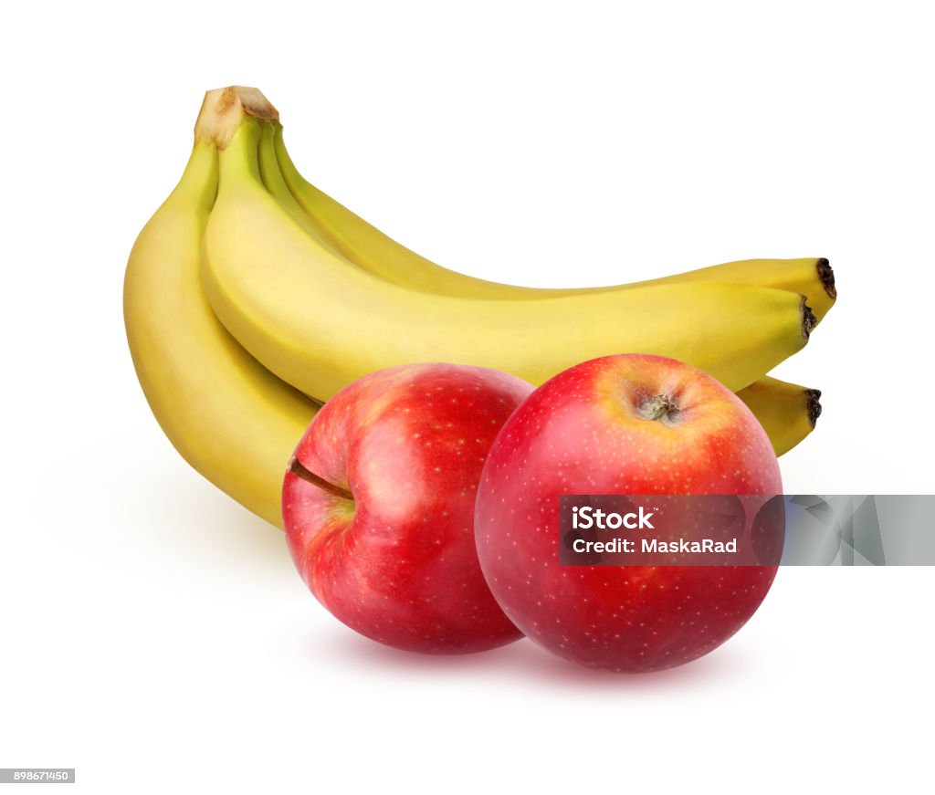 Bunch of ripe bananas and apples, isolated on a white background. Bunch of ripe bananas and two red apples, isolated on white background with shadow. The whole fruit. Apple - Fruit Stock Photo