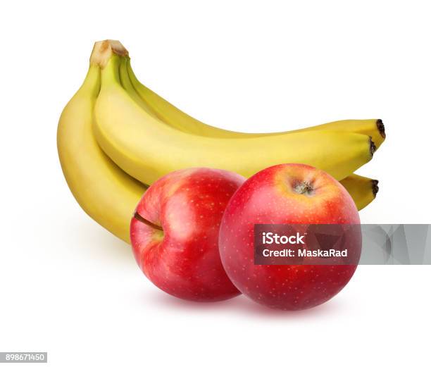 Bunch Of Ripe Bananas And Apples Isolated On A White Background Stock Photo - Download Image Now
