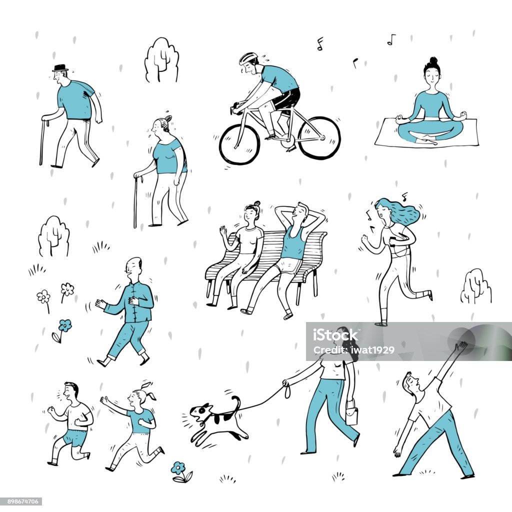 Hand drawn of action people in the park. Hand drawn of action people in the park, cartoon characters and elements, sketch. People stock vector