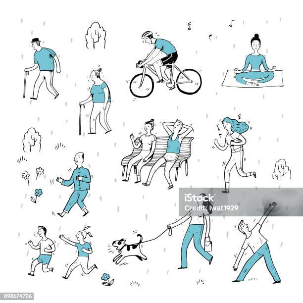 Hand Drawn Of Action People In The Park Stock Illustration - Download Image Now - People, Doodle, Sketch