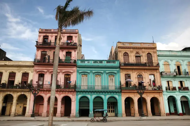Colorful buildings and historic colonial archtiecture on Paseo del Prado, downtown Havana, Cuba, Caribbean.