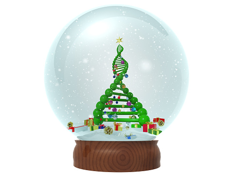 3d illustration of snow globe with snow flakes and dna strand Christmas tree inside