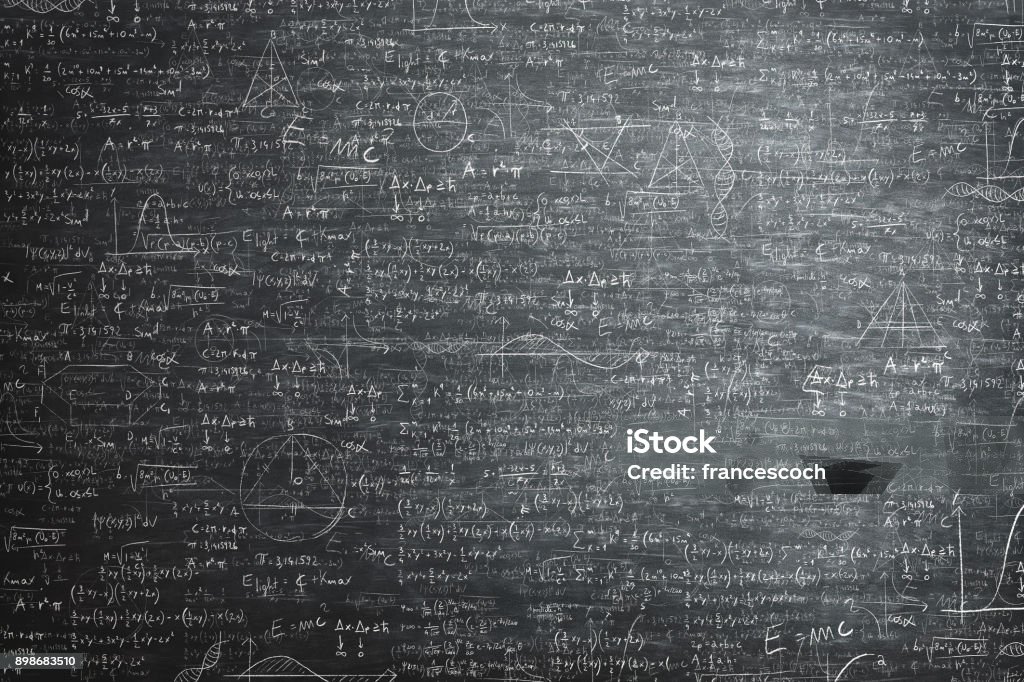 dirty grunge chalkboard full of mathematical problems and formula Chalkboard - Visual Aid Stock Photo