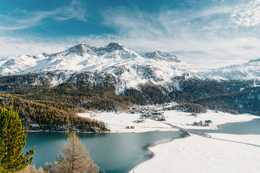 Scenic  view of village and  lake in Switzerland in winter