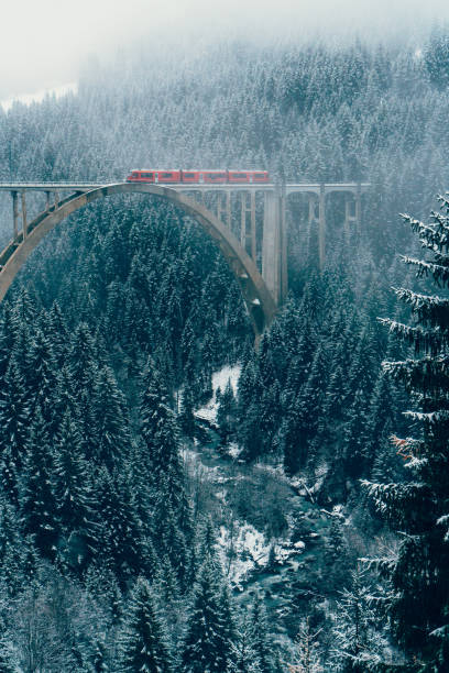 istock Scenic view of train on viaduct in Switzerland 898687384