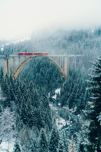 Scenic view of train on viaduct in Switzerland forest in winter