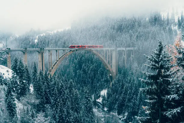 Scenic view of train on viaduct in Switzerland forest in winter