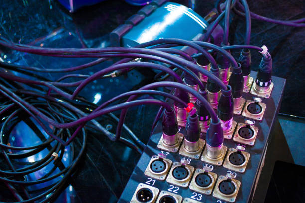istock black microphone cables connected to the sound mixer 898696062