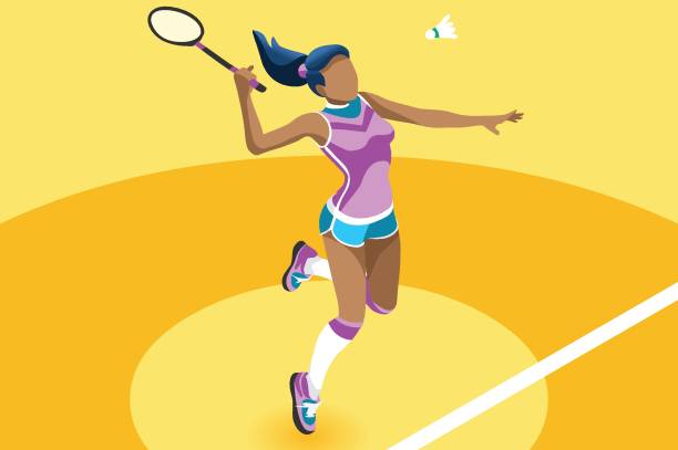 Background Badminton Vector Girl Illustration Badminton vector girl. Sport background with badminton athlete playing athletics competition. Isolated isometric people illustration. badminton sport stock illustrations