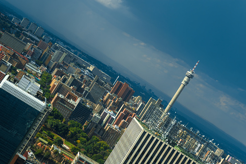 Aerial view of Johannesburg city showing the CBD and Hillbrow Tower