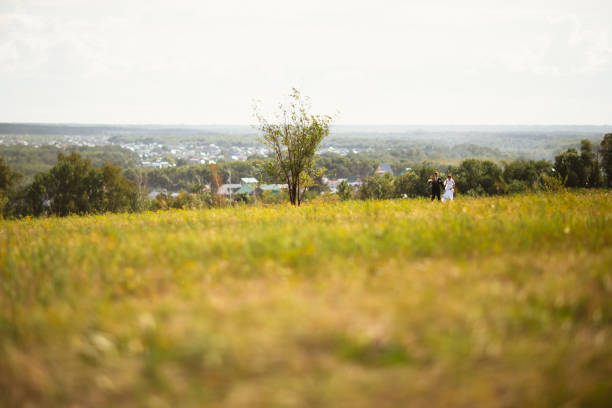 couple bride and groom on field background.