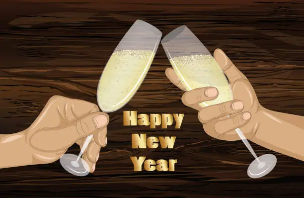 Vector illustration of Two hands holds a glass of champagne and clink. Merry Christmas and a Happy New Year.Vector. Poster, invitation to a party or a holiday on a wooden background
