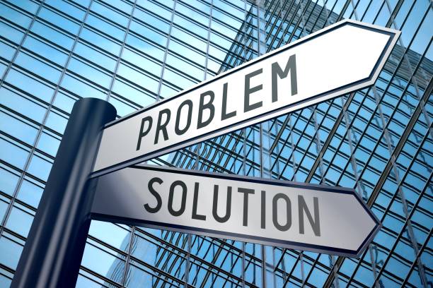 Signpost illustration, two arrows - problem and solution stock photo