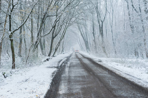 istock Cars on a snowy forest road 898723614