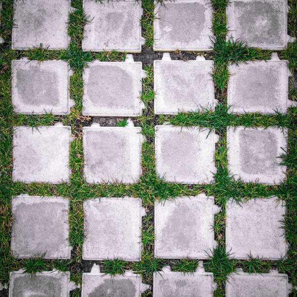 top view square tiles with green grass in the garden texture