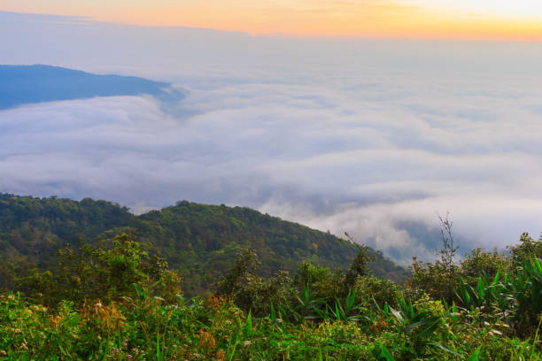 istock sunrise time and fog around mountain 898727676