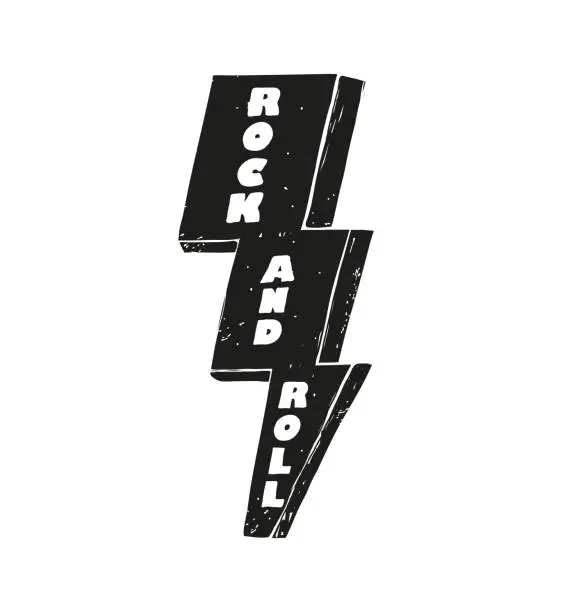 Vector illustration of Rock and Roll lettering on black lightning bolt vector illustration