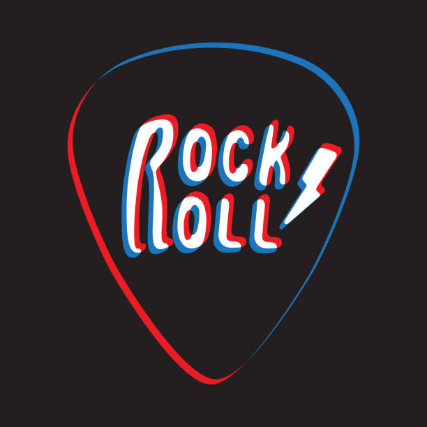 Rock and roll lettering on plectrum vector illustration rock and roll background hardcore music style stock illustrations