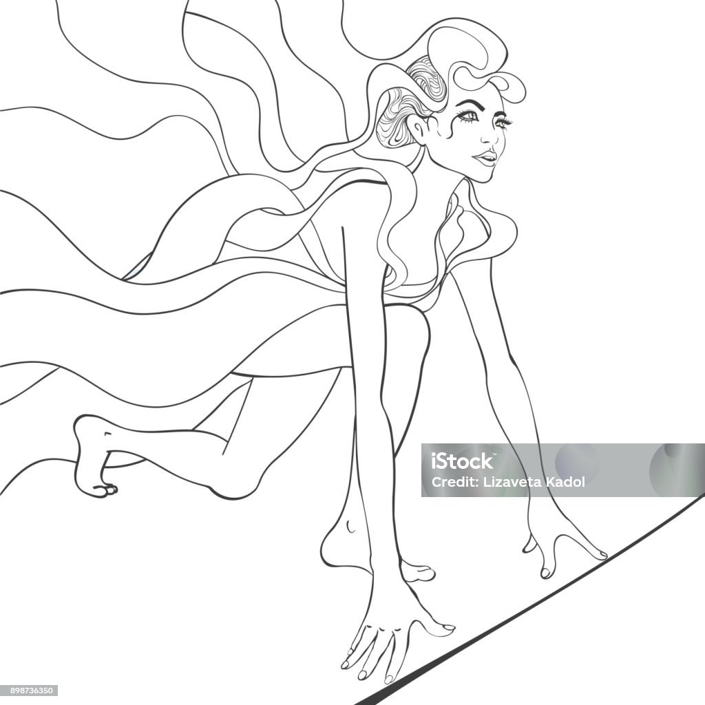 Black and white illustration of girl runner Vector black and white outline illustration of girl runner preparing for the race at the start Achievement stock vector