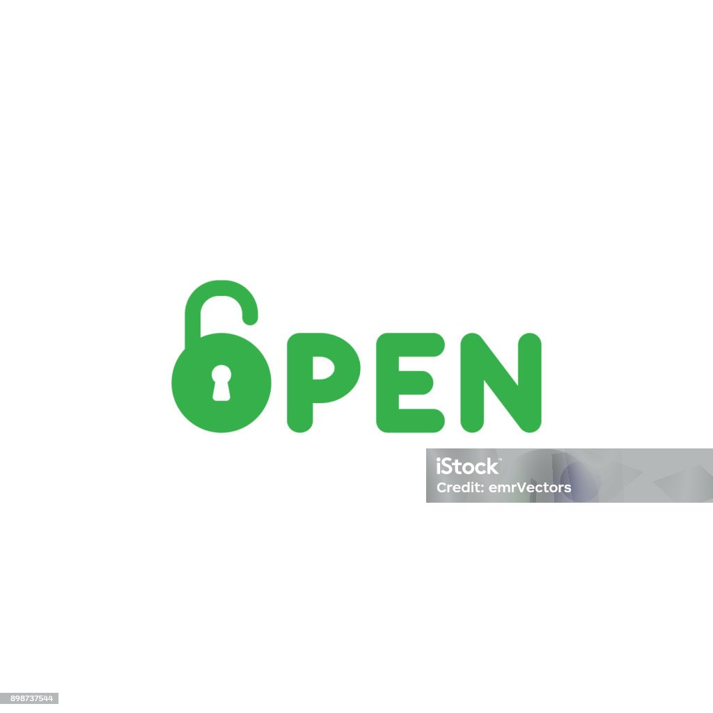 Flat design style vector concept of green open text with padlock icon on white Flat design style vector illustration concept of green open text with green padlock icon on white background. Key stock vector