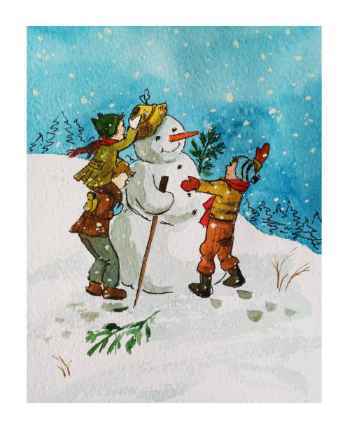 Children build snowman, hand drawn watercolor illustration