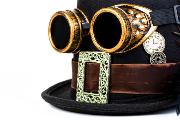 Steampunk hat and goggles in front of white bakground