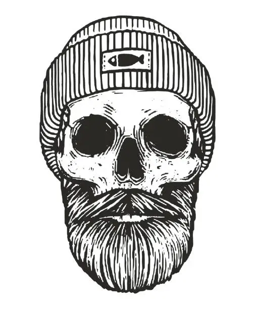Vector illustration of monochrome sailor skull with beards and mustache