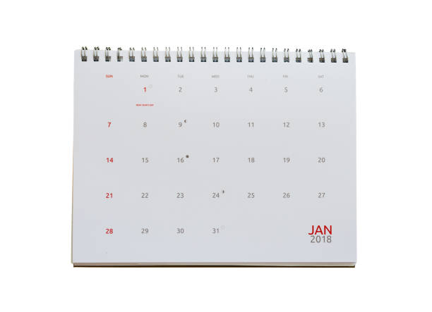 desktop calendário 2018 na página que janeiro isolado no branco. - calendar page book personal organizer - fotografias e filmes do acervo