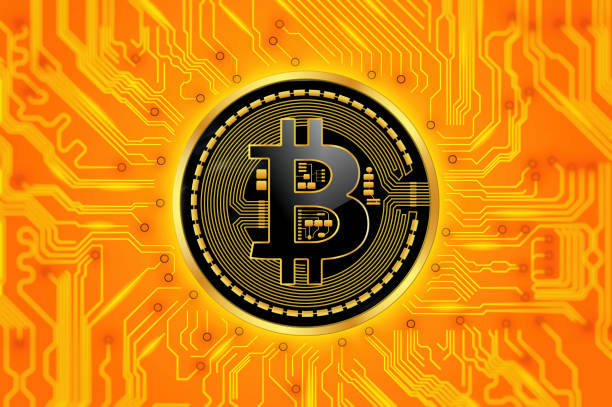 istock Circuit board and Bitcoin cryptocurrency coin over red and orange background 898771794