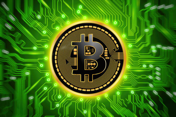 istock Circuit board and Bitcoin cryptocurrency coin over green background 898771824